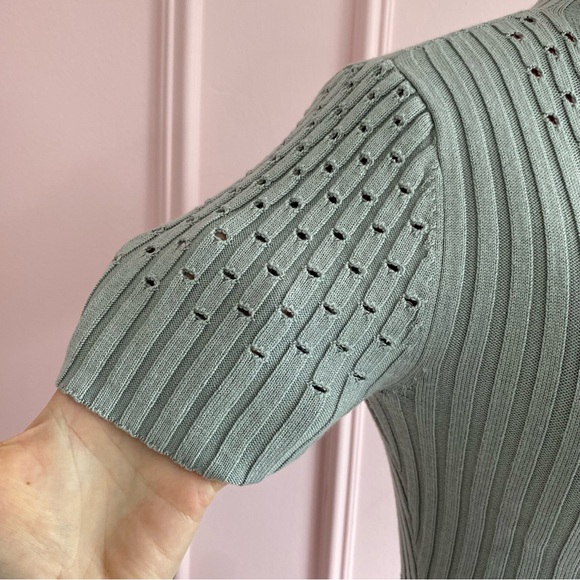 VENUS Short Sleeved Sweater, Ribbed Mock-Neck, Stretch, Eyelets, Muted Green, XS - Picture 5 of 8